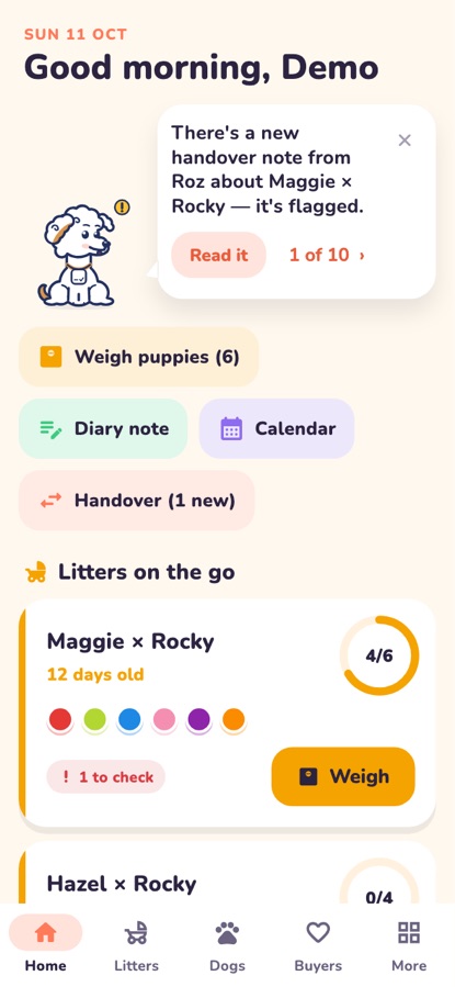 Breeders Aid home screen: greeting, Bernie and litters on the go