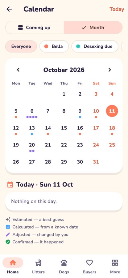 Month view of the breeding calendar